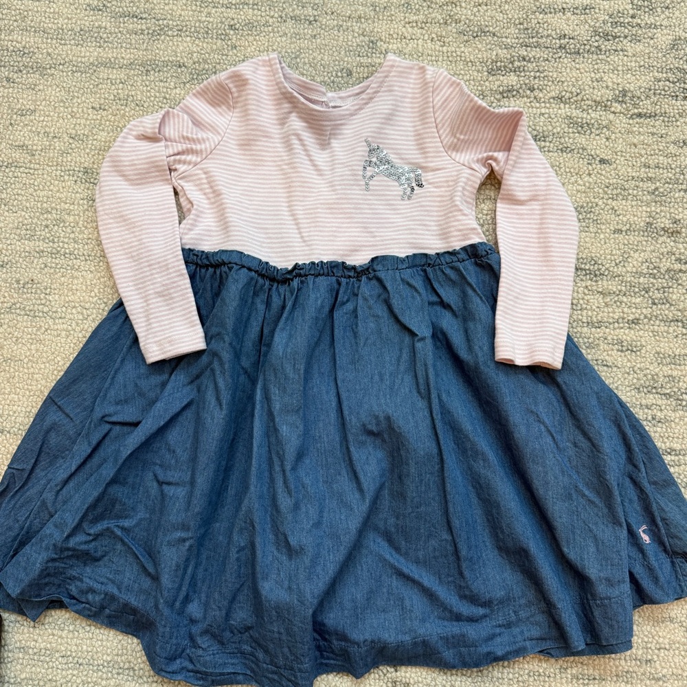 Joules Pink Striped Top with Blue Denim Skirt Dress